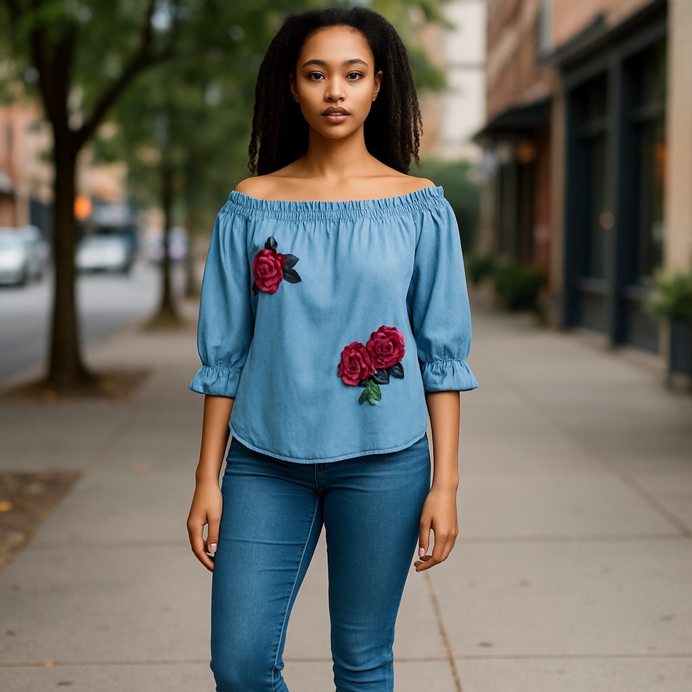 SONG OF STYLE Chambray Off the Shoulder Top with Embroidered Roses Size Large‌